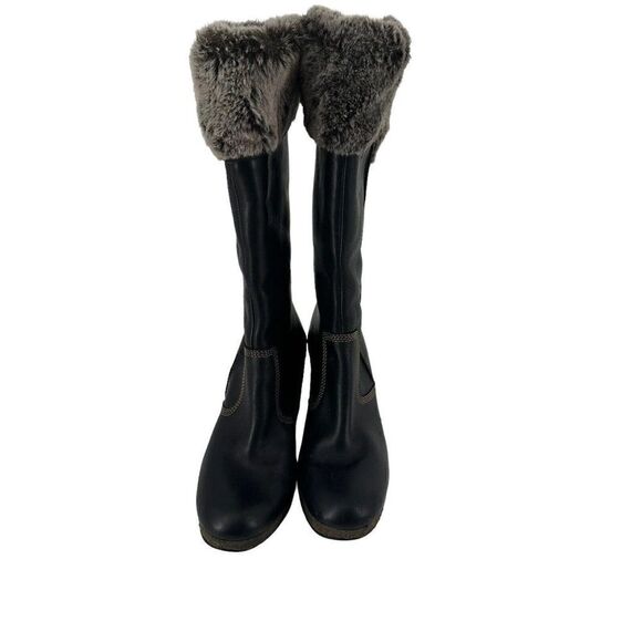 Timberland Monogram Tall Boots Faux Fur Lined Black Leather Size 9 Wedge Heel - Picture 3 of 13